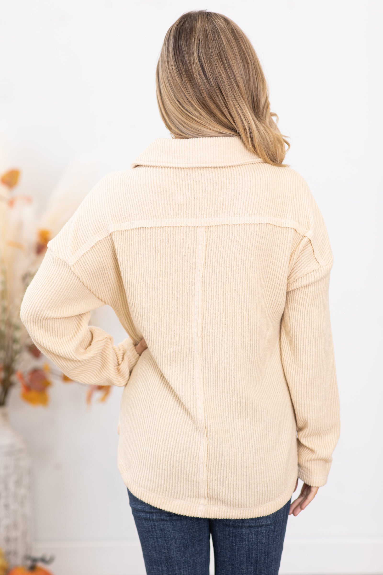 Beige Rib Knit Top With Collar