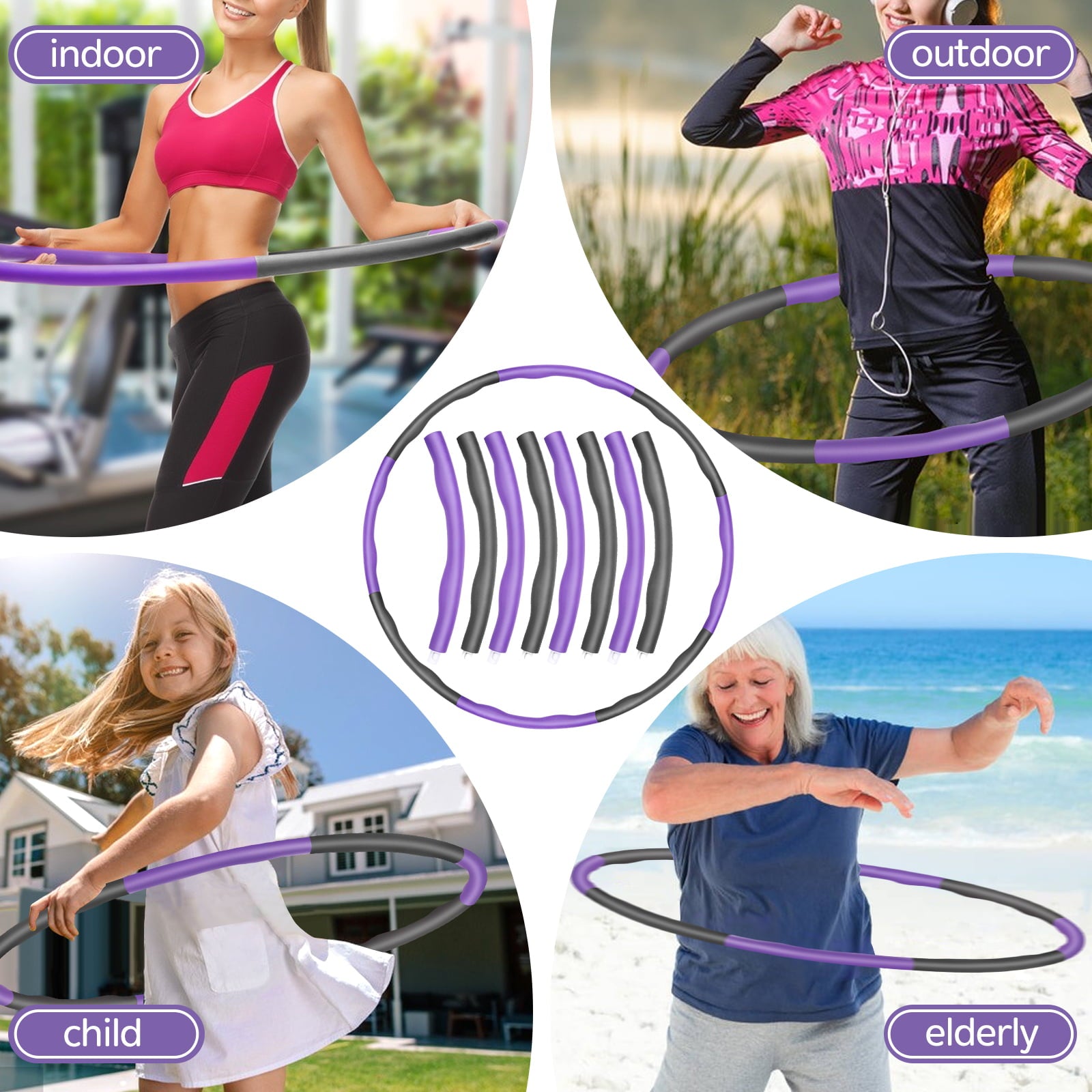 DOTSOG Weighted Hula Hoop for Adults Weight Loss， Workout Equipment for Home Gym， Exercise Hula Hoop with 8 Detachable Sections-(Purple/Gray)