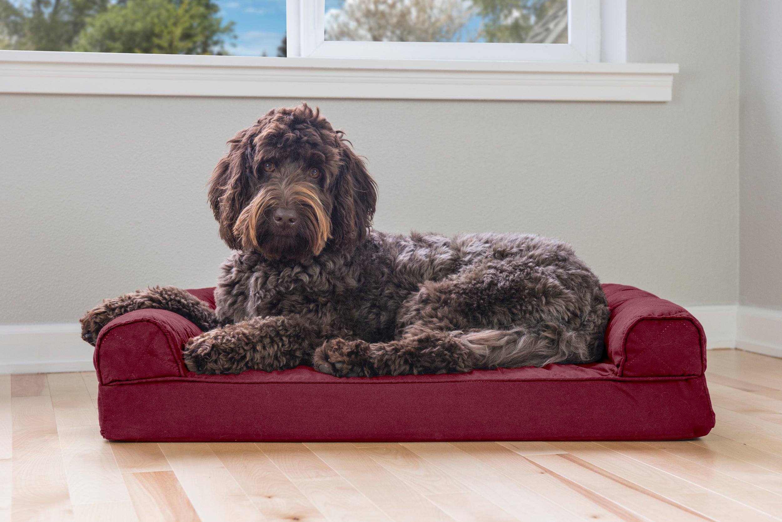 FurHaven Pet Products | Memory Foam Quilted Couch Sofa-Style Pet Bed for Dogs and Cats， Wine Red， Medium