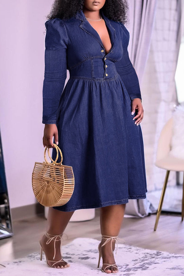 High Waist Lapel Single Breasted Denim Dress
