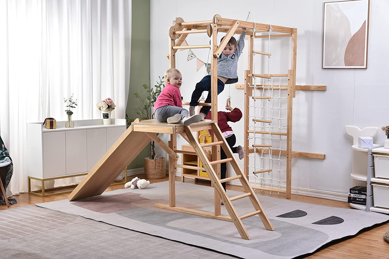 Avenlur Grove Indoor Jungle Gym Playground Wood PlaySet with Monkey Bars and Rope Wall Net， Kids Adventure， Ladder， Climber， Slide， Ring Set Play Structure Ages 2 - 11 (Large， Natural Wood)