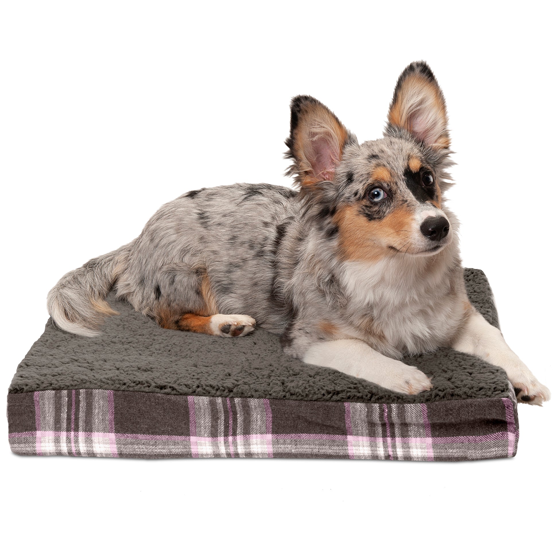 FurHaven Pet Dog Bed | Deluxe Memory Foam Faux Sheepskin and Plaid Mattress Pet Bed for Dogs and Cats， Java Brown， Small