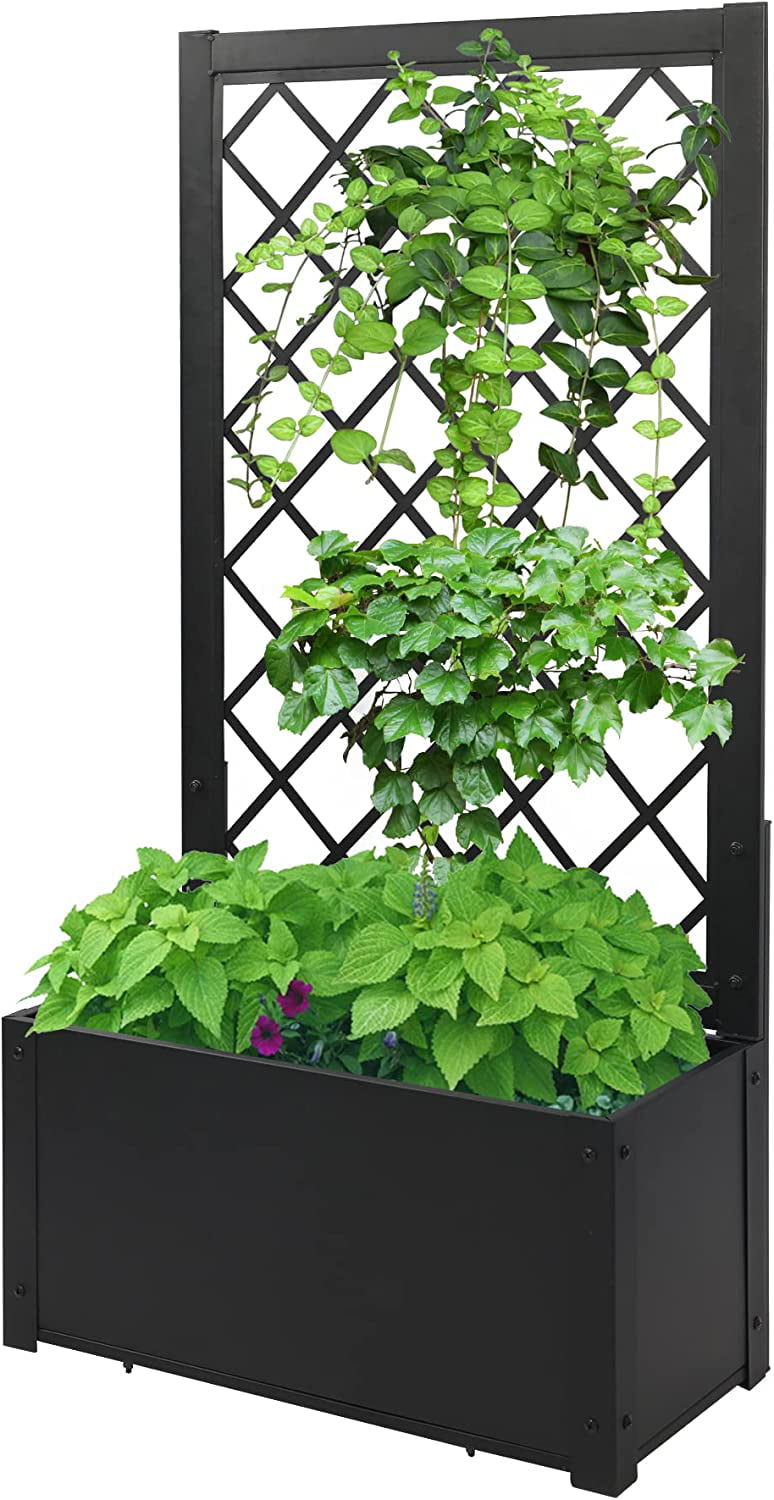 REDCAMP Metal Planter Box with Trellis, 48 Inch Height Raised Garden Bed with Trellis for Climbing Plants, Lattice and Flower for Patio Garden Indoor Outdoor