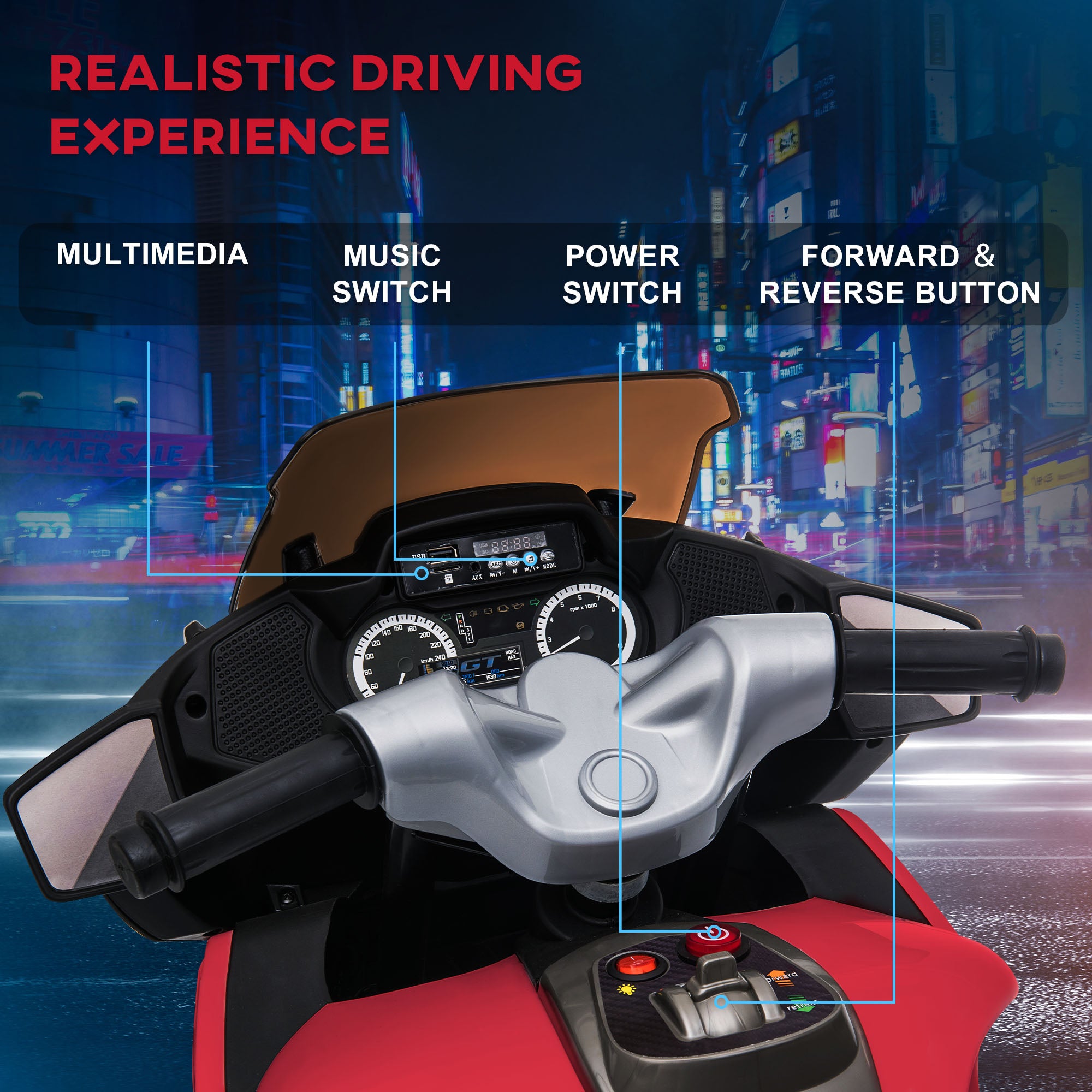 Aosom 12V Kids Electric Motorcycle with Training Wheels， Roaring Engine Design Battery Power Motorbike for Ages 3-8， High-Traction at 3.7 Mph Top Speed， with Light Music， Red