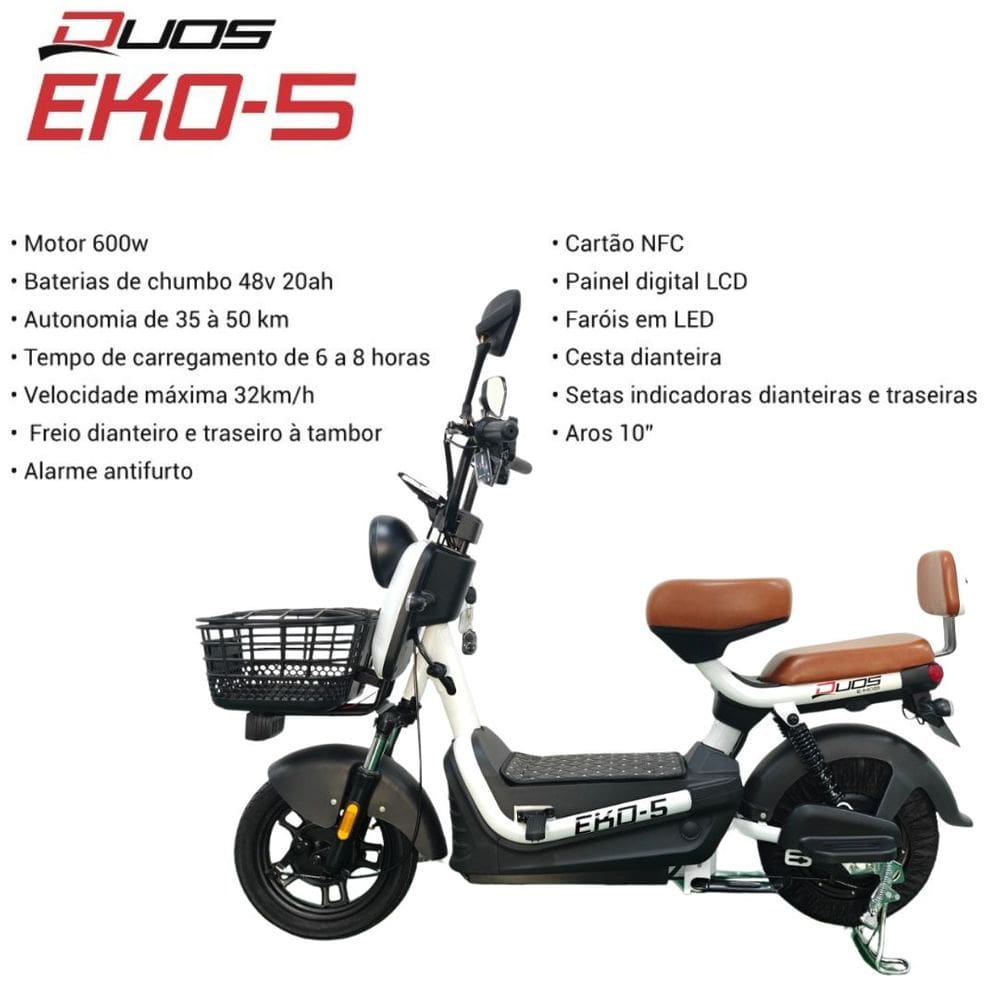 Bicicleta Scooter Elétrica 600W Alarme Eko-5 Branca Duos