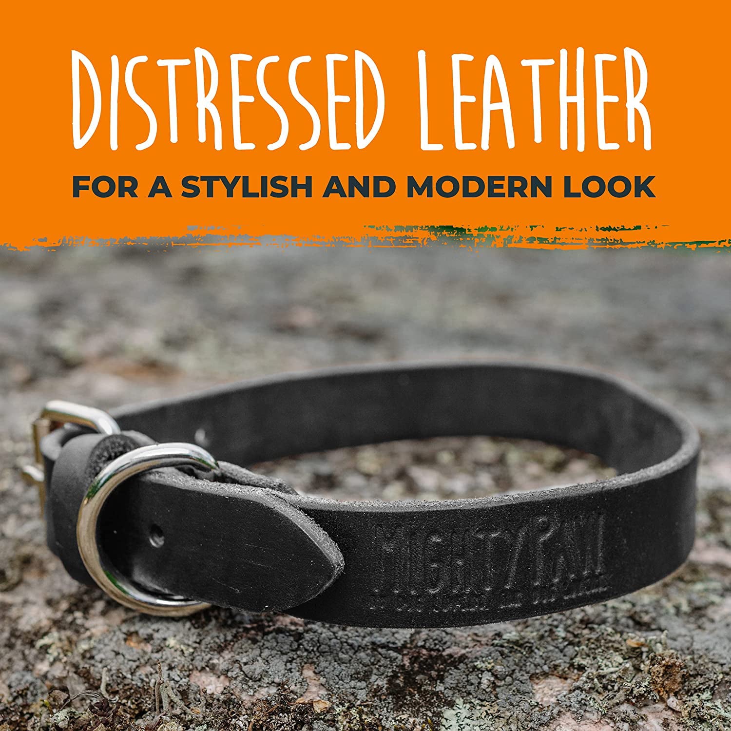 Mighty Paw Leather Dog Collar， Distressed Real Genuine Leather and a Strong Metal Buckle. Super Soft for Ultimate Comfort. Modern Designer Look for Small， Medium， Large and XL Pets