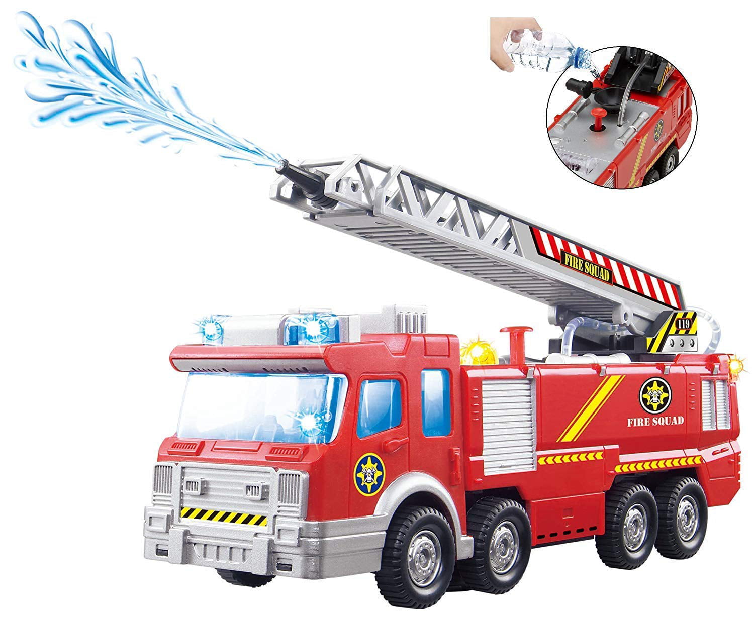 Top Race Fire Engine Truck with Water Pump Spray， Extending Rescue Ladder， and Flashing