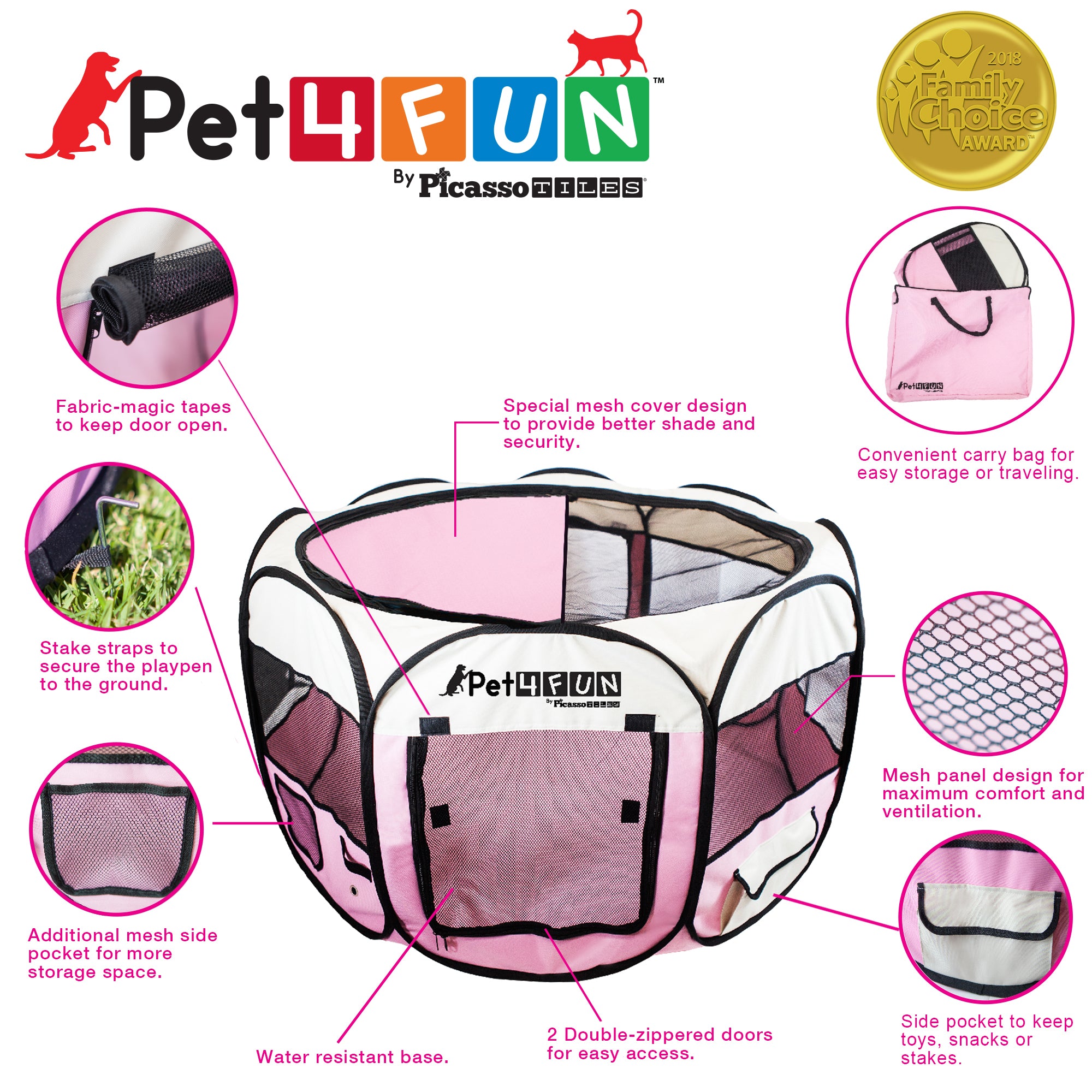 PicassoTiles Pet4Fun Portable Dog Playpen， Pink， 35