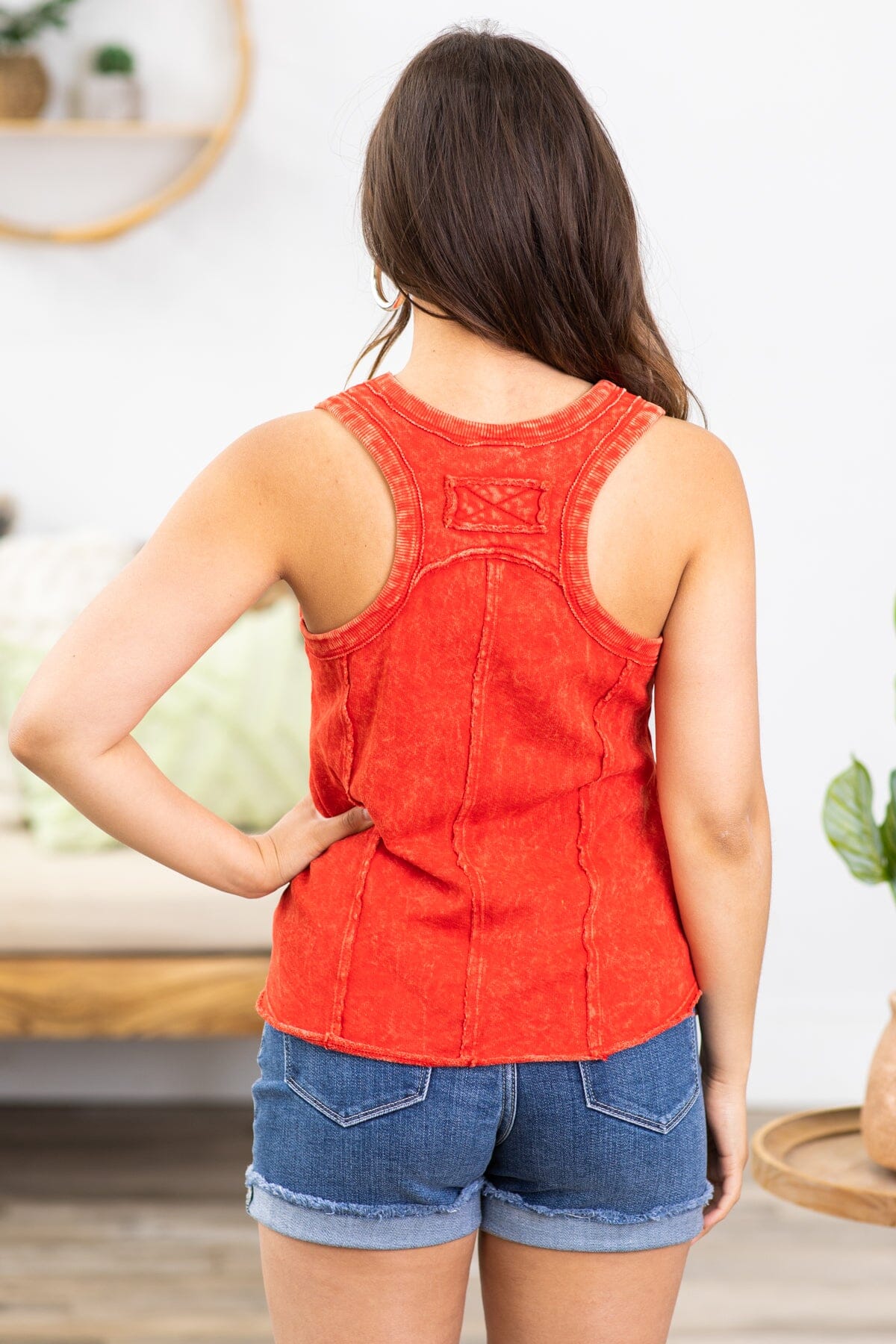 Red Washed Racerback V-Neck Tank