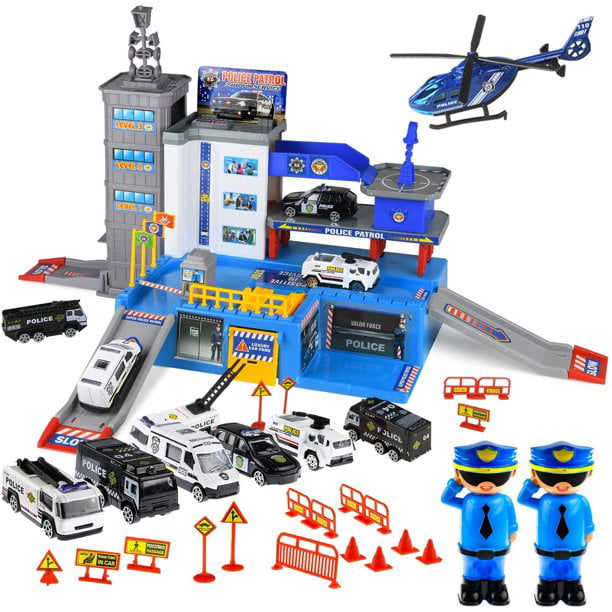 Police Car Toys for Boys - Matchbox Cars Playsets - Parking Lot Car Toys with Matchbox Track， Garage， 6 Police Car Toy Vehicles， 2 Police Men， 1 Helicopter - Toysical