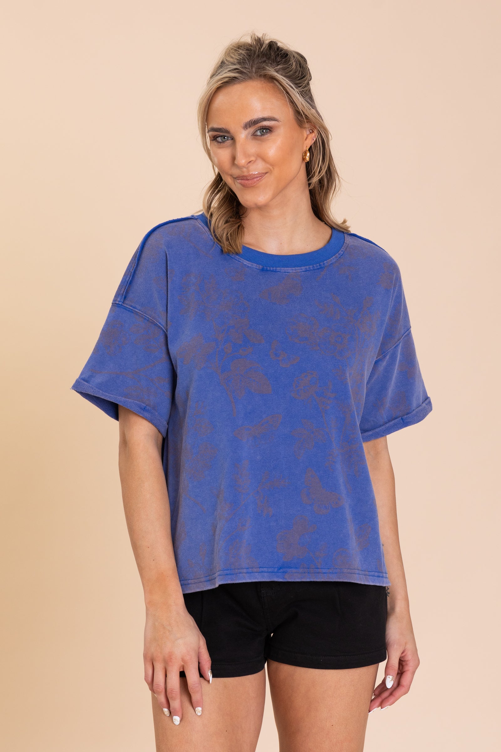 Blue Contrast Butterfly Print Knit Top