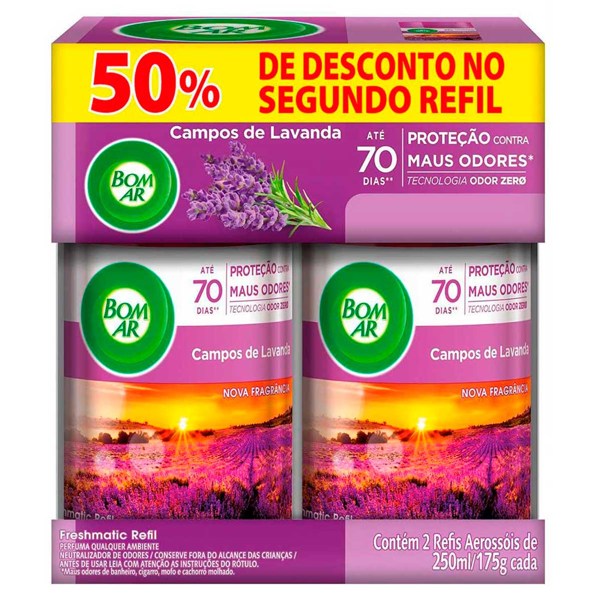 Aromatizador de Ambiente Bom Ar Automatico Aerossol Freshmatic Refil 50% off na 2a Unidade Campos de Lavanda