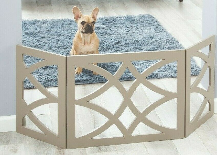 Gray Wood Pet Dog Gate Foldable Adjustable 3-Section Freestanding Extra Wide. Keeps Pets Safe Indoors/Outdoors - Fully Assembled