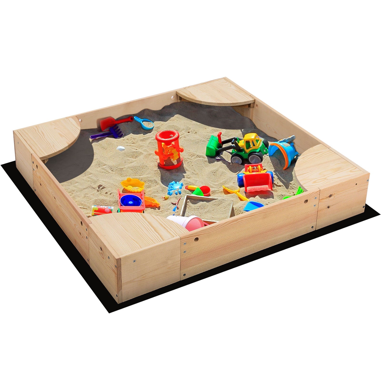 Increkid Kids Wooden Outdoor Sandbox with Cover， Built-in Corner Seats， Natural