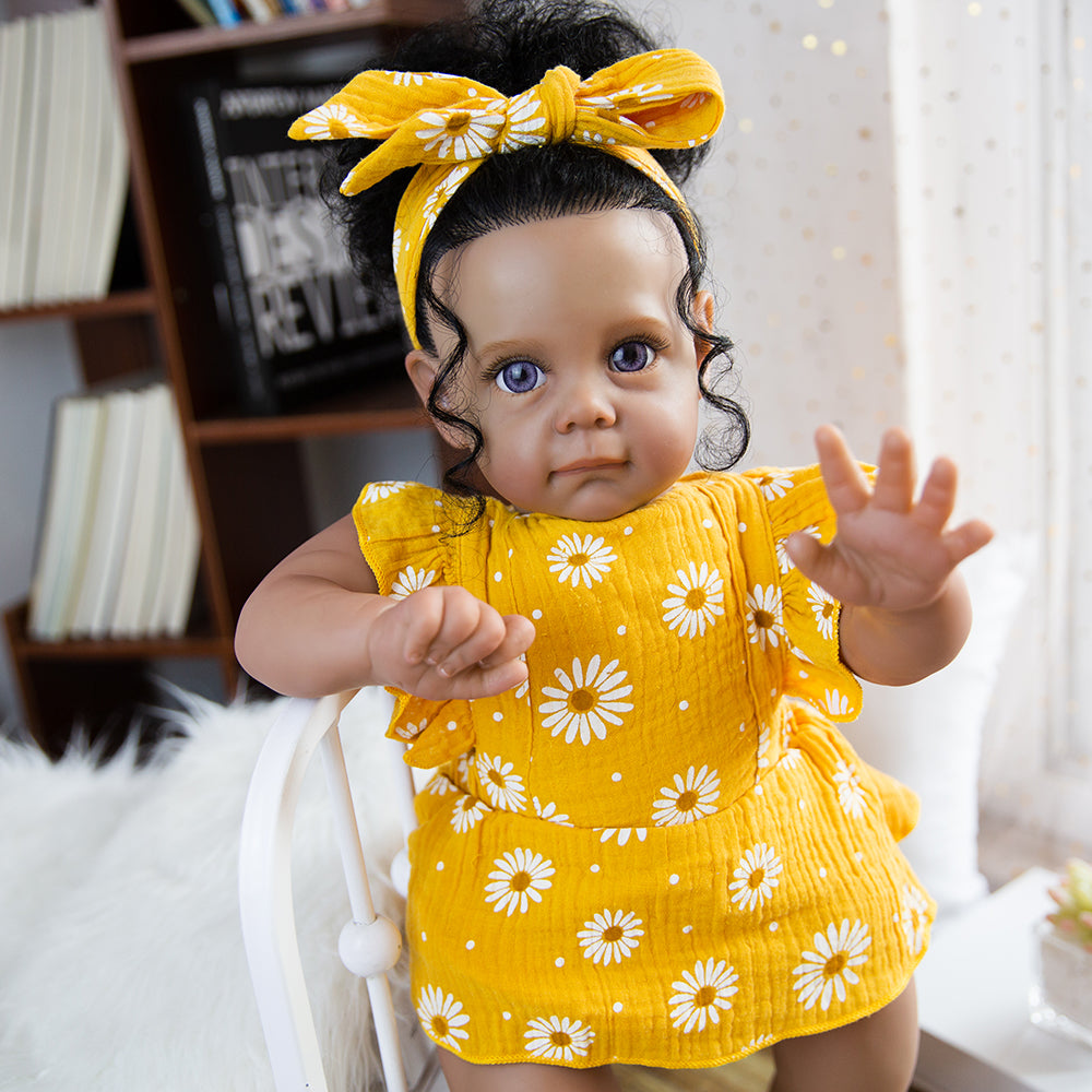 Reborn Baby Dolls Girl 22 Inch Realistic Newborn Baby Doll, Black Skin Baby Doll with Soft Body Silicone Limbs Weighted Reborn Toddler Gift for Children Age 3+