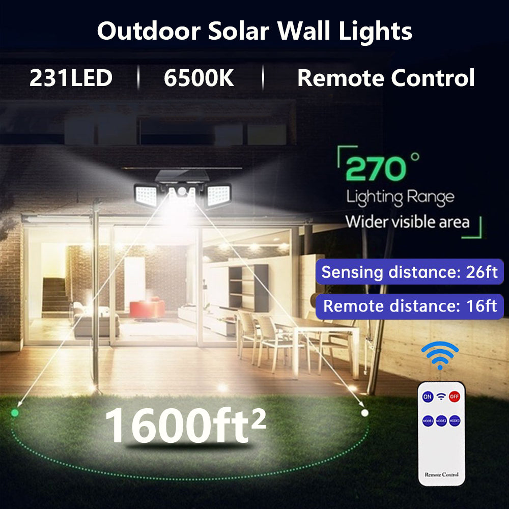 231LED Solar Lights Outdoor， 4 Heads Motion Sensor Security Lights with Wireless Remote Control， 3 Modes， IP65 Waterproof Solar Wall Lights LED Flood Lights for Door， Backyard， Garage， Deck