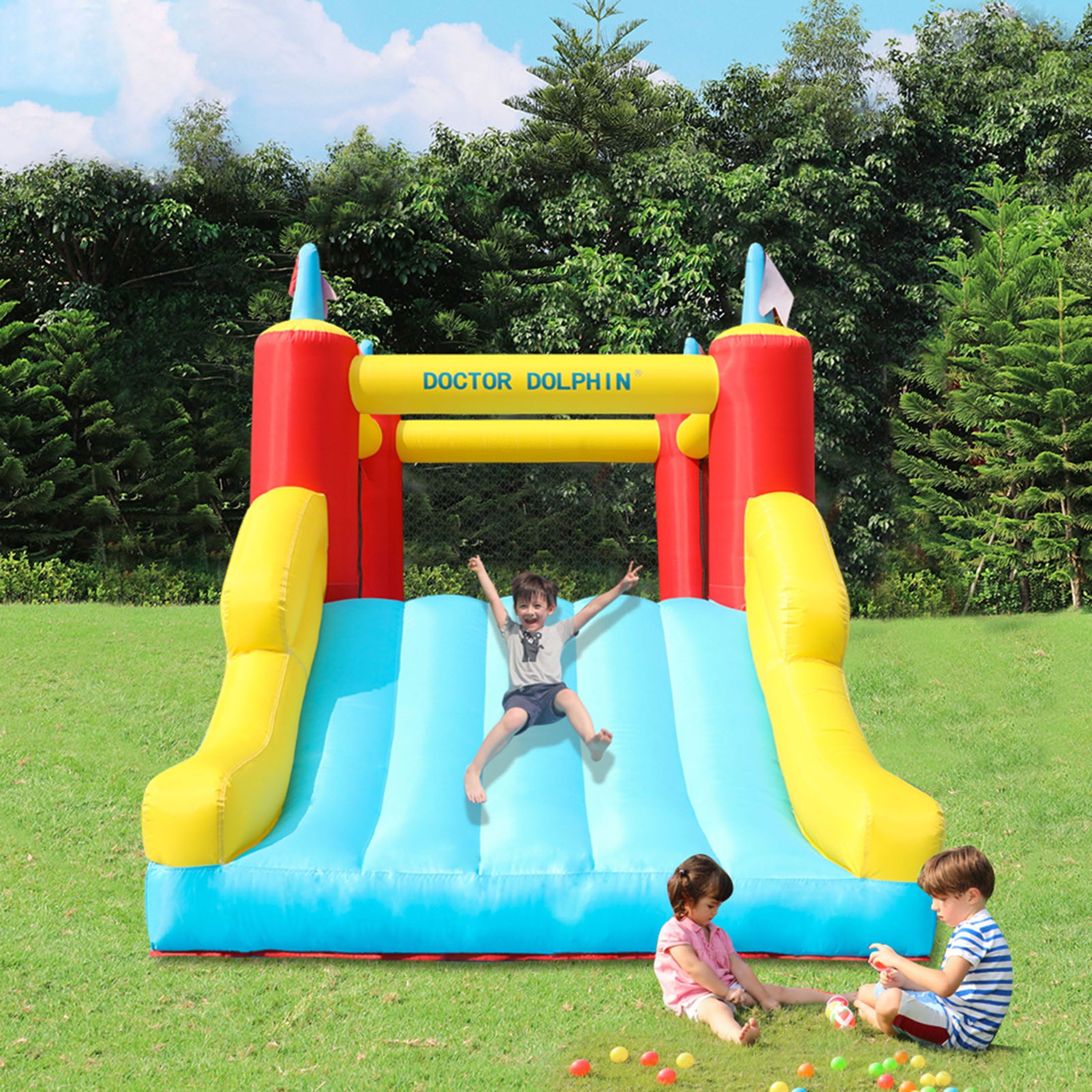 Doctor Dolphin Inflatable Bounce House with Wide Water Slide Kids Water Park with Blower for Backyard Party