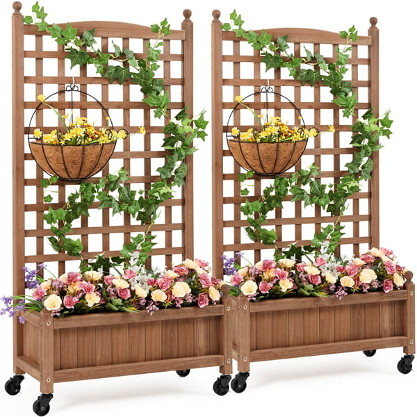 Yaheetech 2pcs 50''H Raised Garden Bed with Trellis Planter Box for Vine Climbing Plants Vegetable Flower, Dark Brown