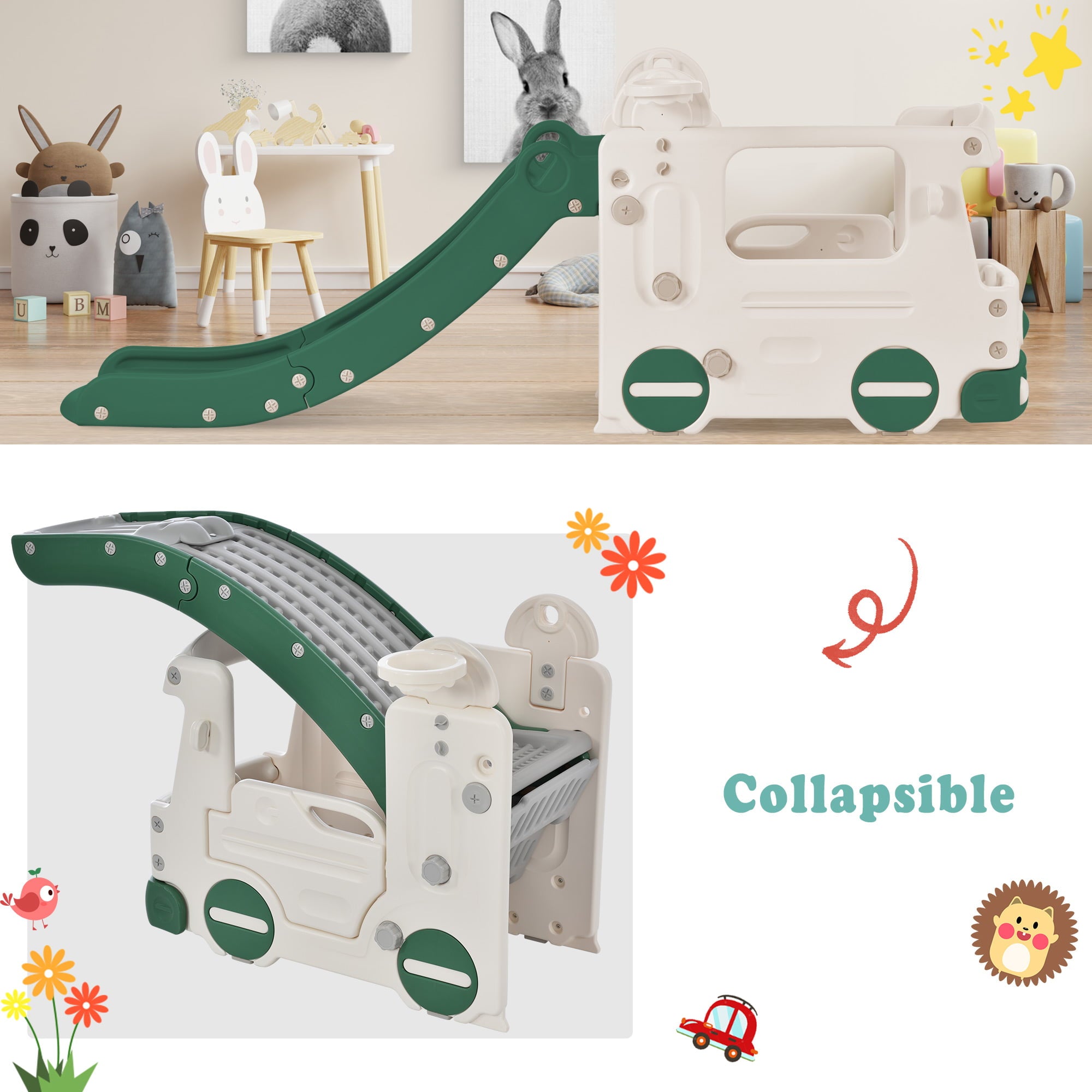 Track 7 Baby Slide 4-in-1，Indoor Toddler Slide with Basketball Hoop，Climber and Bus Playhouse，Outdoor Playground Kids Slide for Toddlers Age 1+，Green