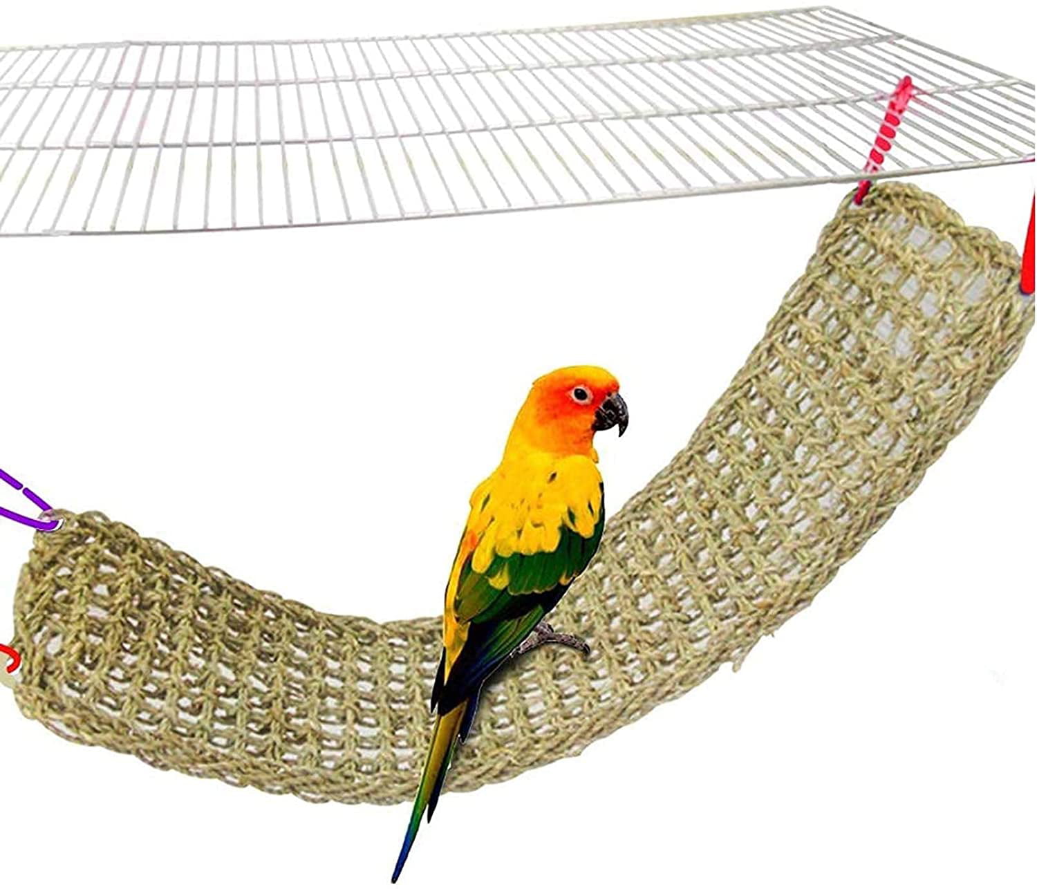 Hamiledyi Bird Seagrass Mat Toy，Natural Grass Woven Net Hammock Hanging on Parrot Cage with 4 Hooks，Parakeet Climbing Rope Ladder Chew Toys for Lovebird Cockatiel Conure Budgie，Cockatoo Supplies