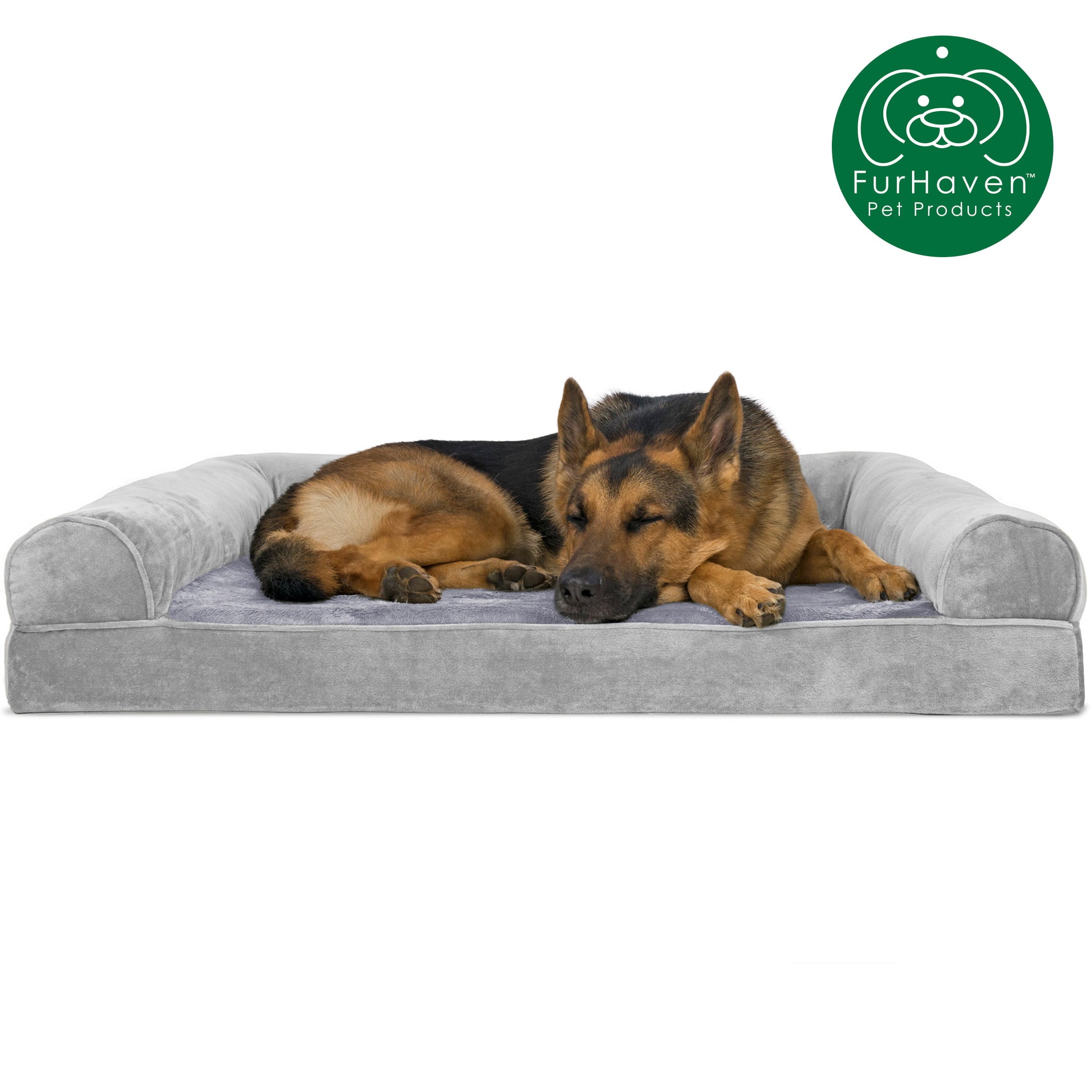 FurHaven | Orthopedic Faux Fur and Velvet Sofa Pet Bed for Dogs and Cats， Smoke Gray， Jumbo