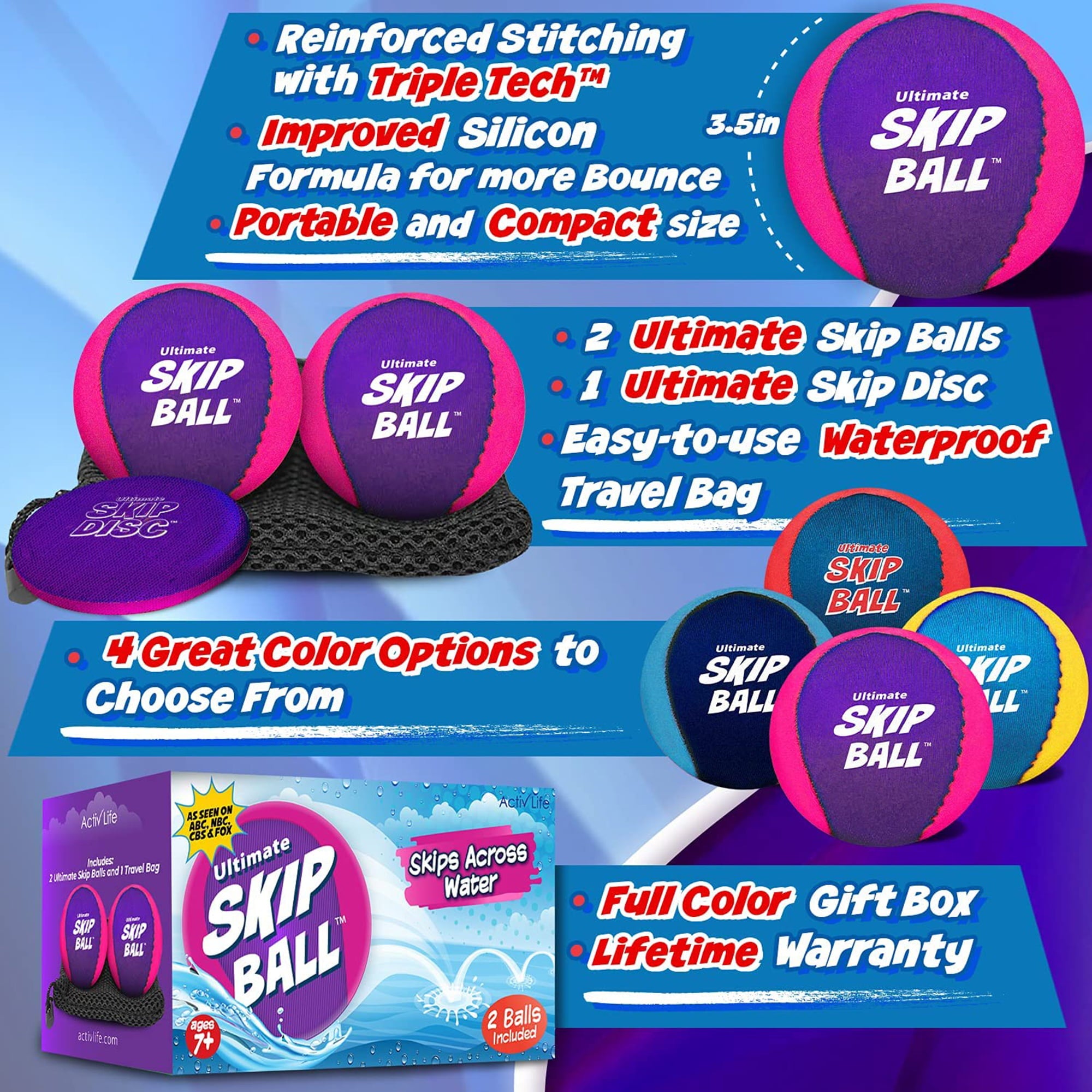 Activ Life Water Ball Set of 2 Skip Bouncing Beach Balls for Kids with Disc Pink Purple