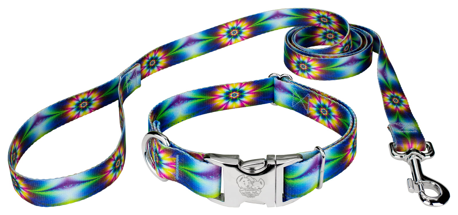 Country Brook Petz® Premium Tie Dye Flowers Dog Collar and Leash， Large