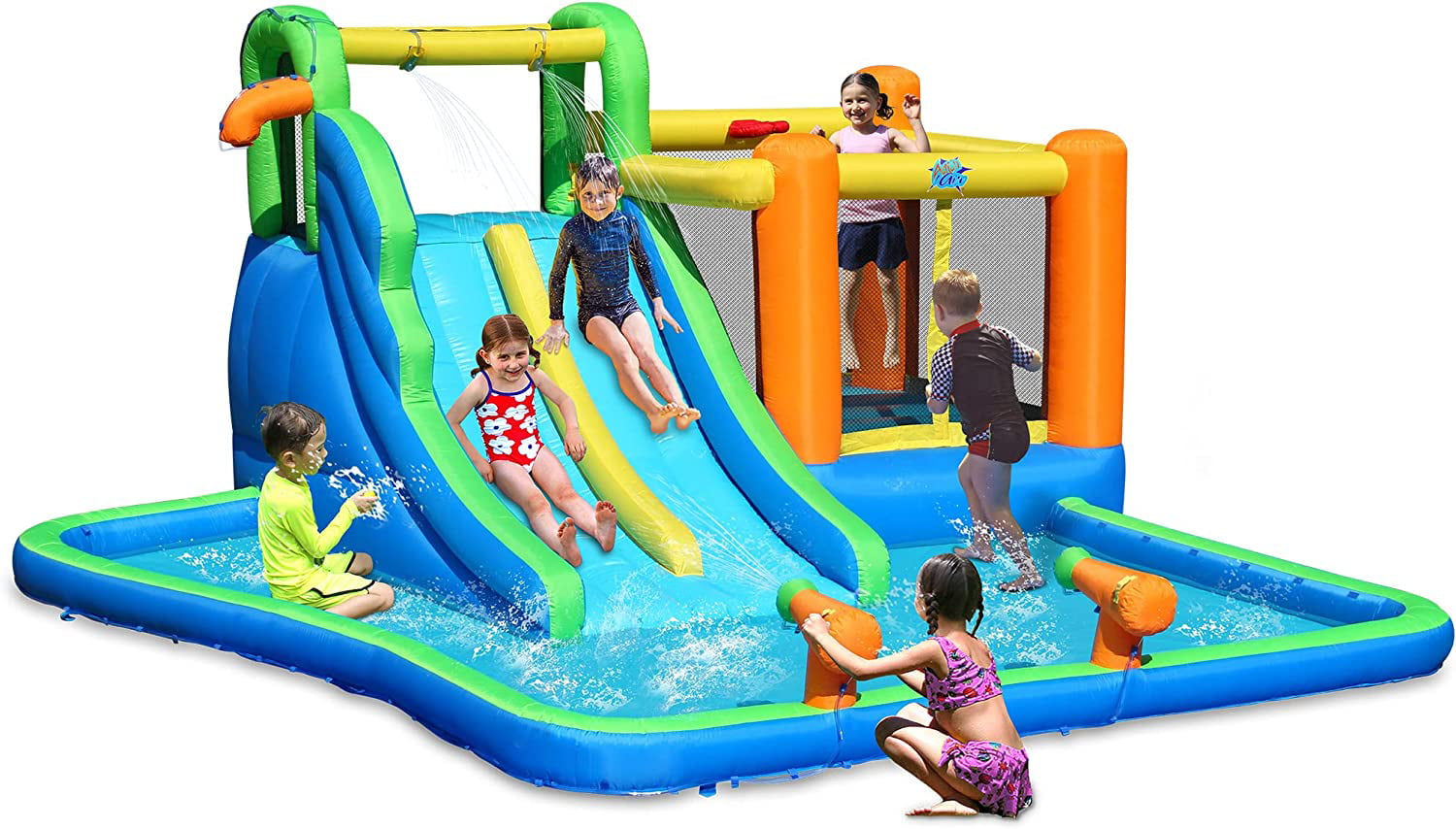 Action Air Bounce House or Water Slide， 7-in-1 Inflatable Bouncer Combo with Large Pool， Fun Bounceing Area with Basketball Hoop， Long Double Slide with 2 Water Sprays， Air Blower Included