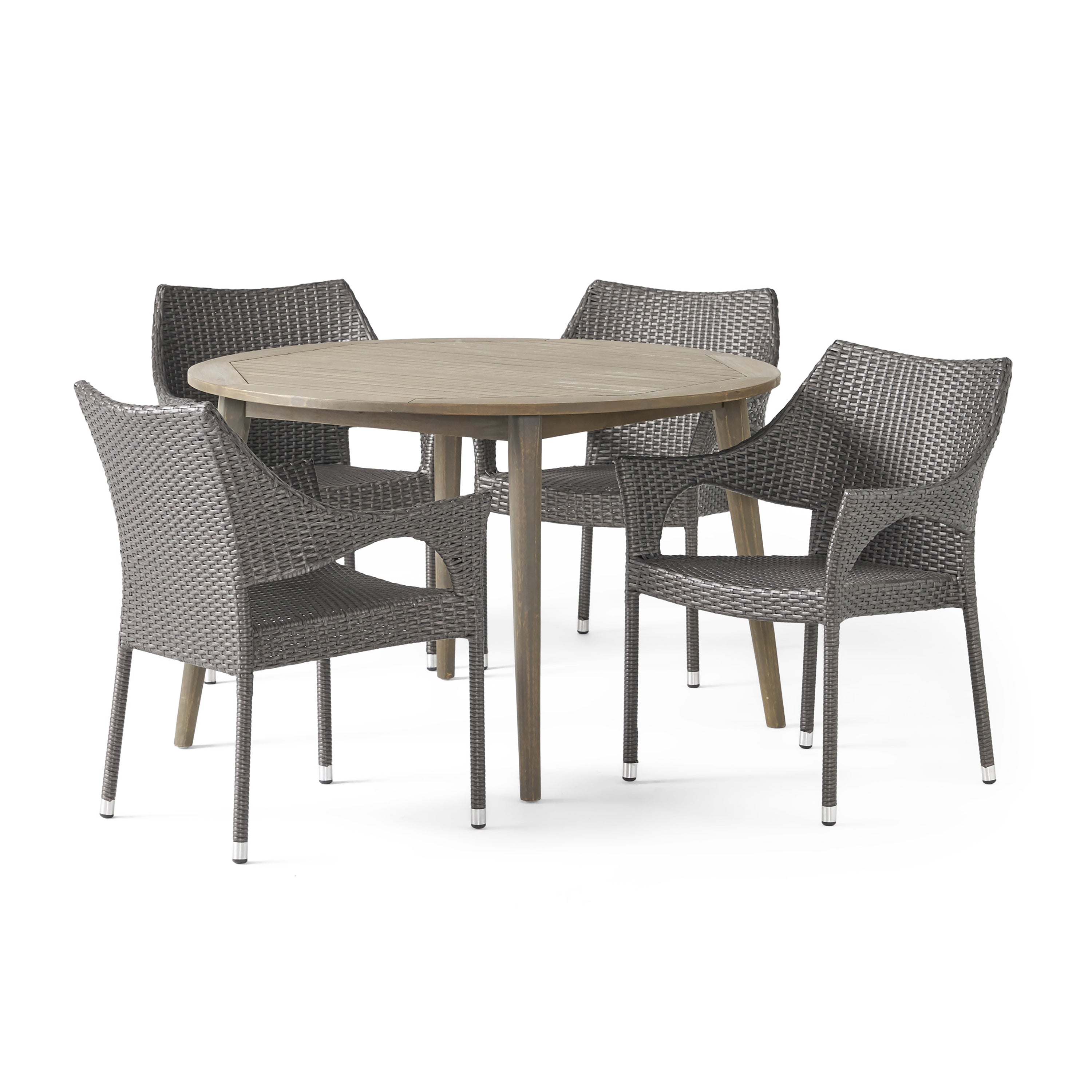 Nix Outdoor 5 Piece Wicker Dining Set with Round Acacia Wood Slat Top Table