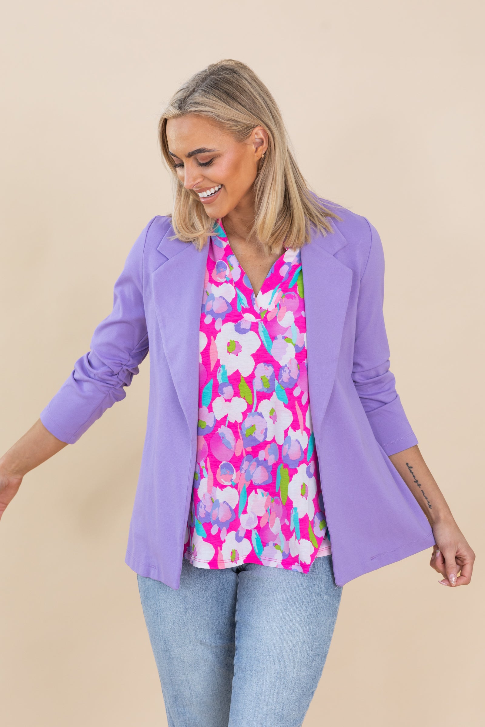 Fuchsia Floral V-Neck Wrinkle Free Lizzy Top