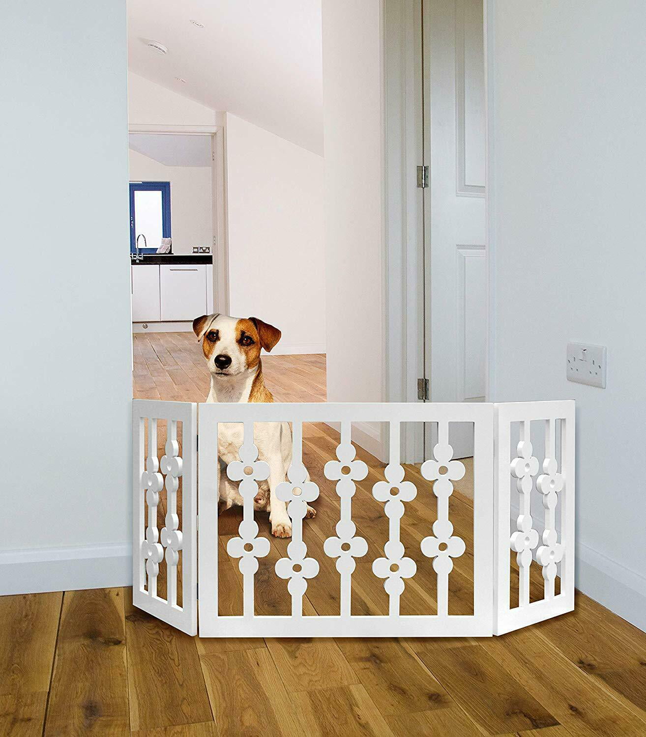White Floral Wood Pet Dog Gate Foldable Adjustable 3-Section Freestanding Extra Wide. Keeps Pets Safe Indoors/Outdoors - Fully Assembled