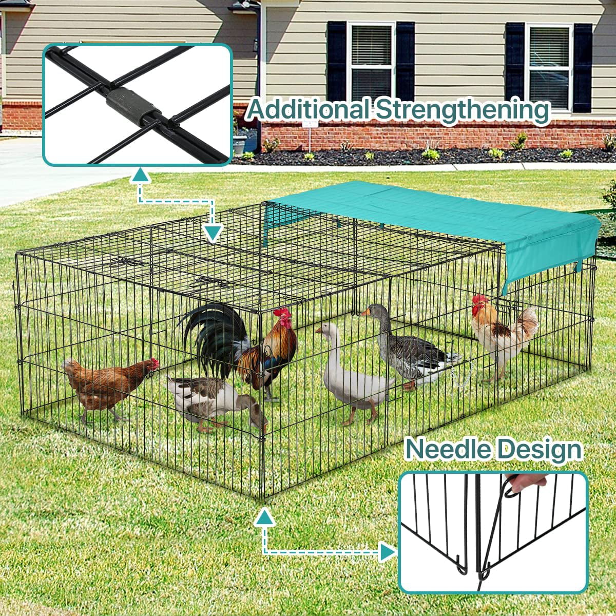 Dkeli Metal Chicken Coop Cage Walk-in Rabbit Enclosure Pen Outdoor Backyard Chicken Run Pen with Waterproof Cover for Rabbit Duck Hen， 72