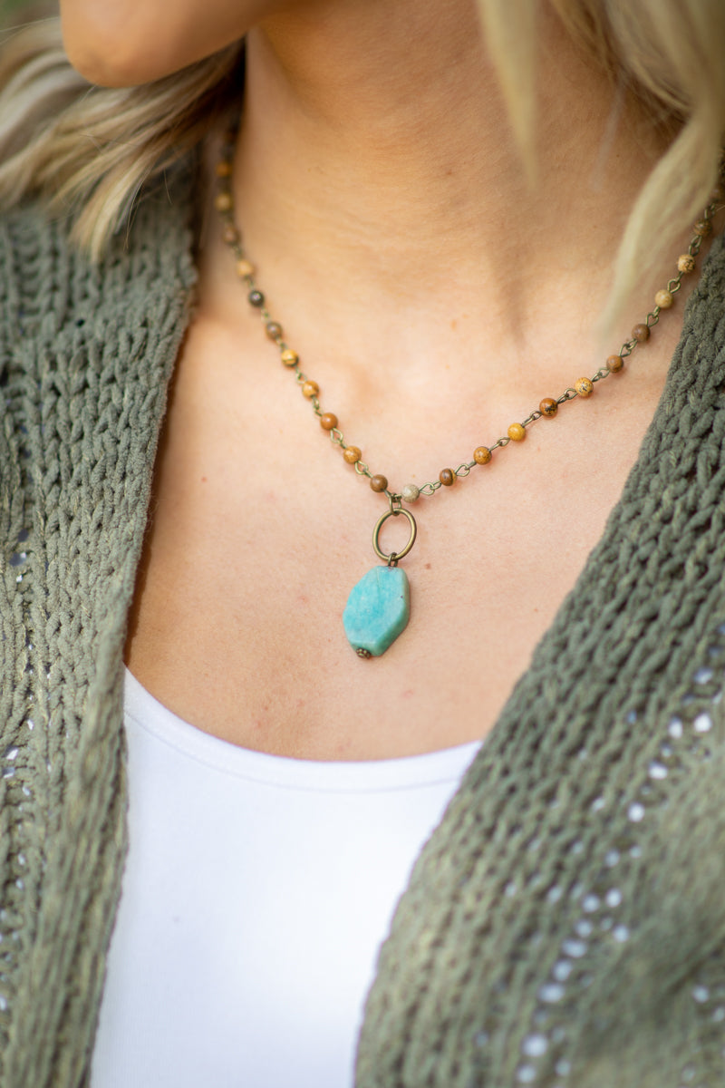 Tan Beaded Chain Turquoise Pendant Necklace