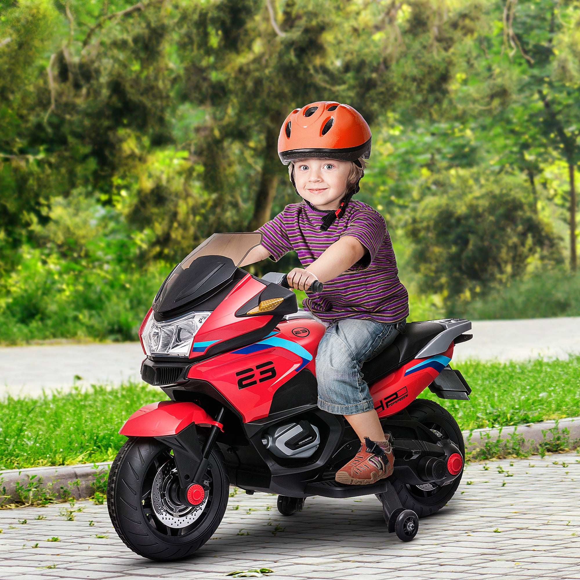 Aosom 12V Kids Electric Motorcycle with Training Wheels， Roaring Engine Design Battery Power Motorbike for Ages 3-8， High-Traction at 3.7 Mph Top Speed， with Light Music， Red