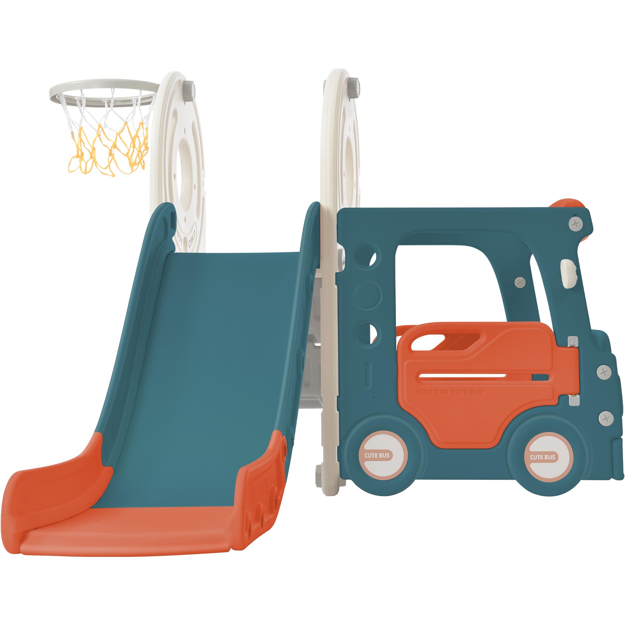 Kids Slide with Bus Play Structure， Freestanding Bus Toy with Slide for Toddlers， Bus Slide Set with Basketball Hoop
