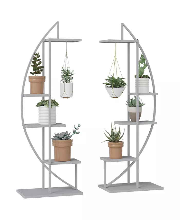 Outsunny 5 Tier Metal Plant Stand Half Moon Shape Ladder Flower Pot Holder Shelf for Indoor Outdoor Patio Lawn Garden Balcony Decor， 2 Pack， Grey