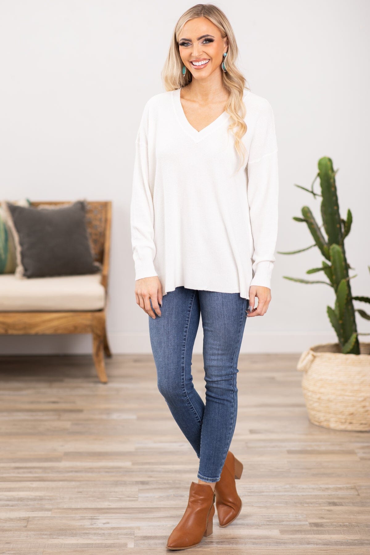 Off White Drop Shoulder Lightweight Sweater