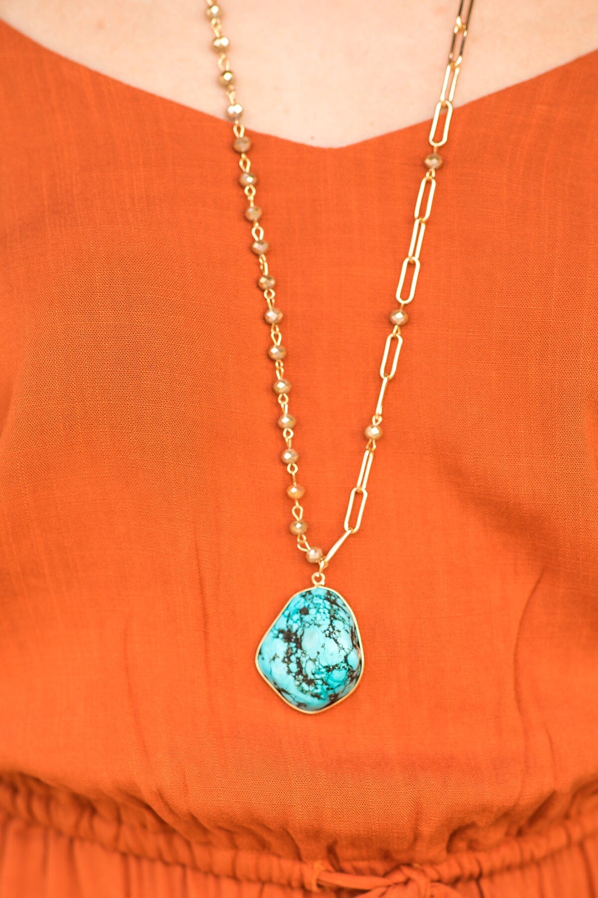 Gold Long Chain Necklace With Stone Pendant