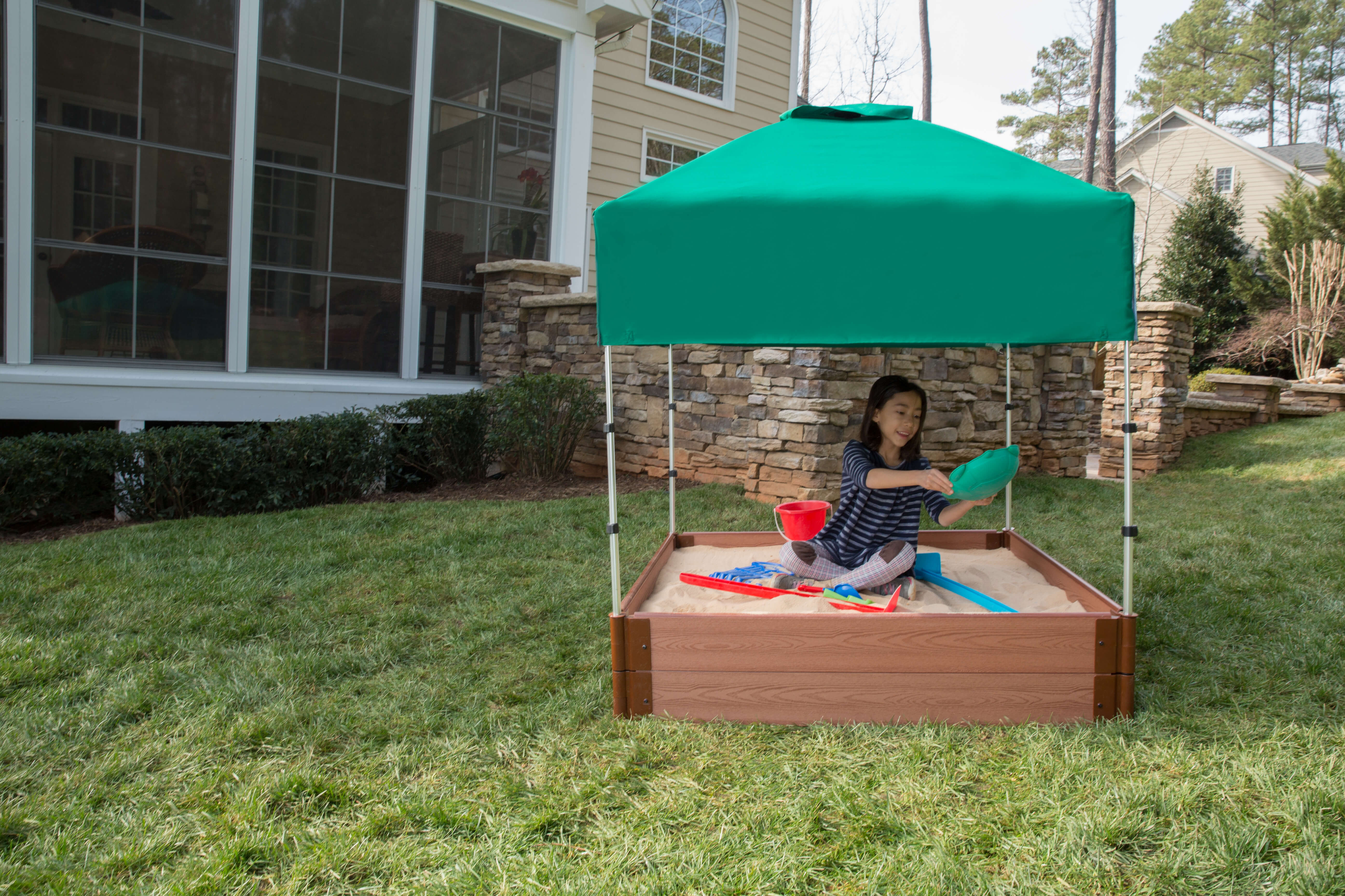 Frame It All Tool-Free Classic Sienna 4ft. x 4ft. x 11in. Composite Square Sandbox Kit with Telescoping Canopy/Cover - 1