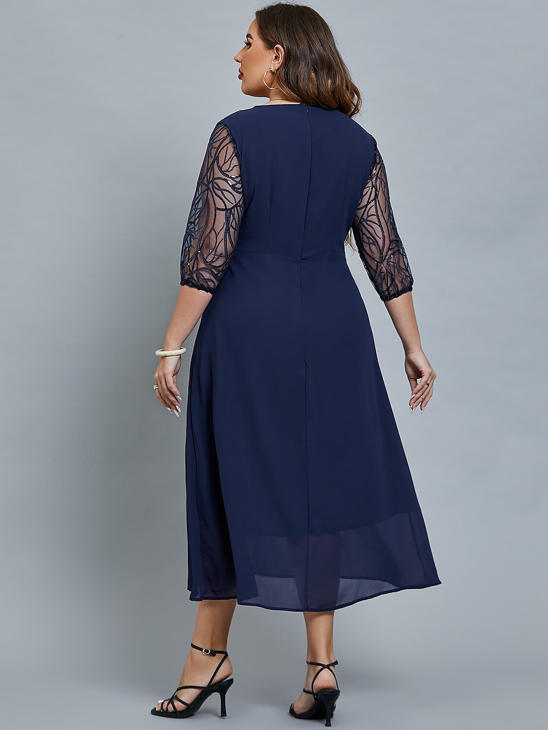 Women's Plus Size Curve Party Dress Floral Crew Neck Print 3/4 Length Sleeve Fall Spring Elegant Prom Dress Maxi long Dress Formal Party Dress / Mesh