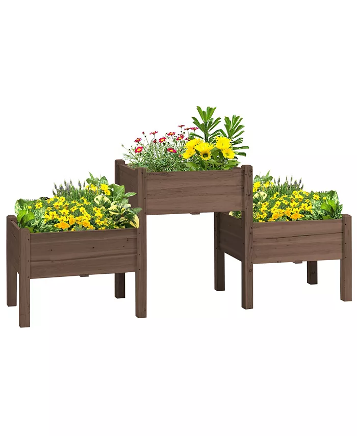 Outsunny Raised Garden Bed with 3 Planter Box， Freestanding Wooden Plant Stand with Drainage Holes， for Vegetables， Herb and Flowers， Coffee