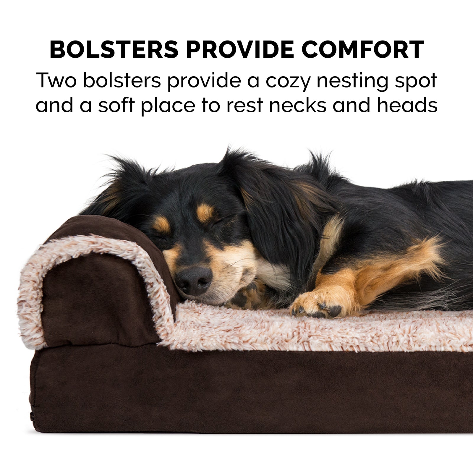 FurHaven Pet Products | Deluxe Memory Foam Chaise Faux Fur and Suede L-Shaped Lounge Sofa Pet Bed for Dogs and Cats， Espresso， Large