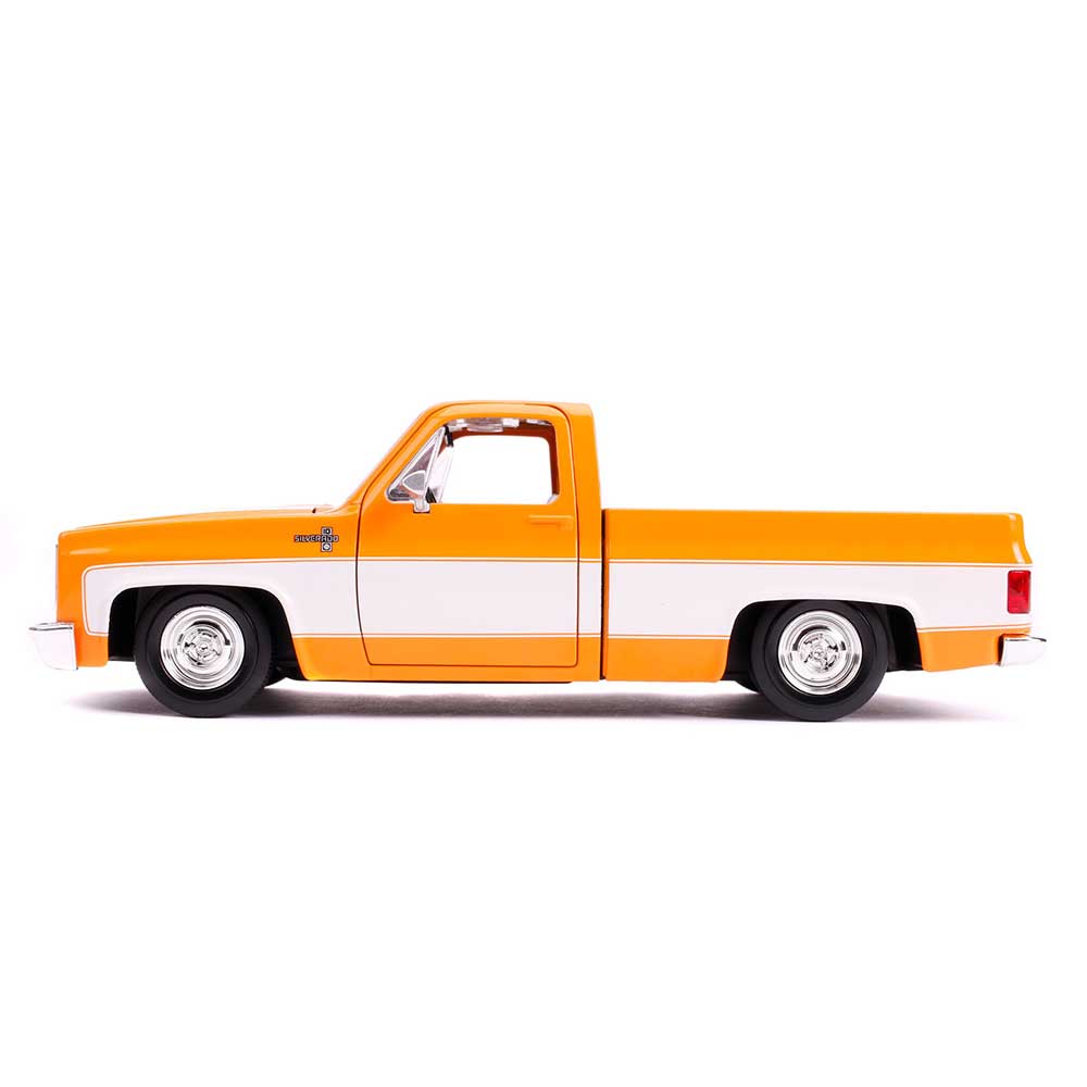 Jada 31607-MJ 1985 Chevrolet Silverado C-10 Pickup Truck Custom Wheels Orange and White Just Trucks 1 by 24 Diecast Model Car
