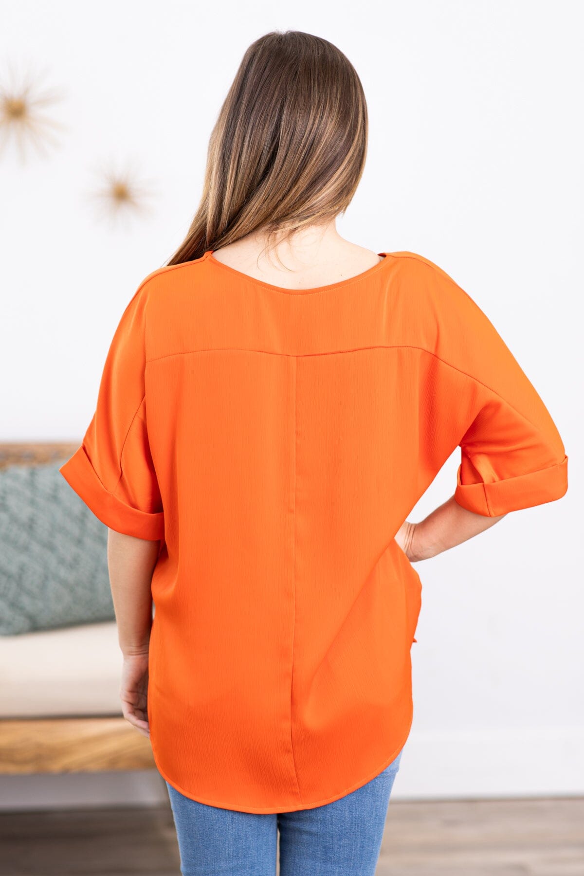 Orange Round Neck Roll Sleeve Top