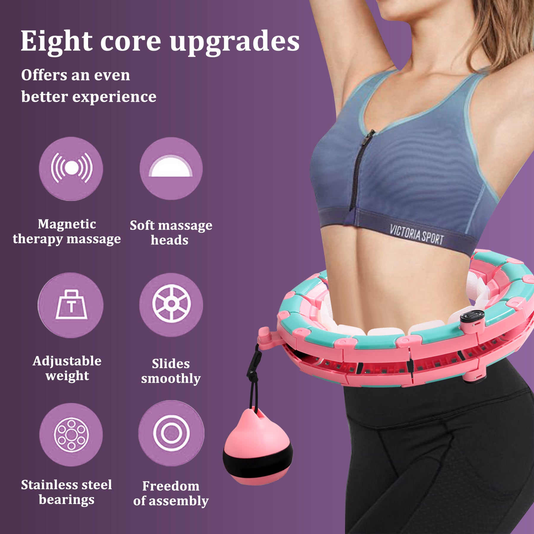 DOTSOG Weighted Intelligent Hula Hoop for Adults Beginners Won‘t Fall， Abdomen Fitness Increase Beauty， Fit Ness Weight Loss and Massage， 24 Knots Detachable PinkandGreen
