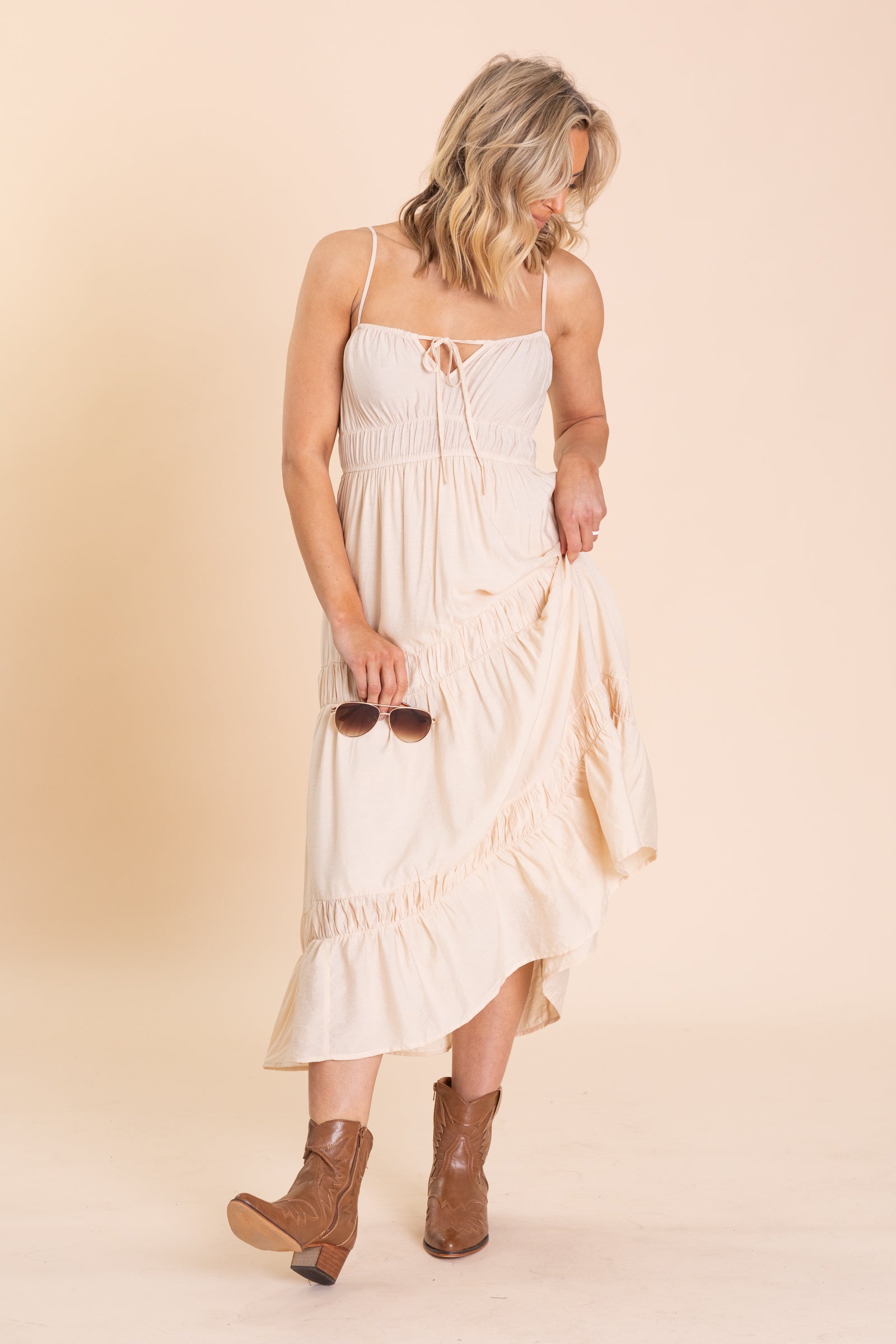 Beige Shirred Front Tie Tiered Midi Dress