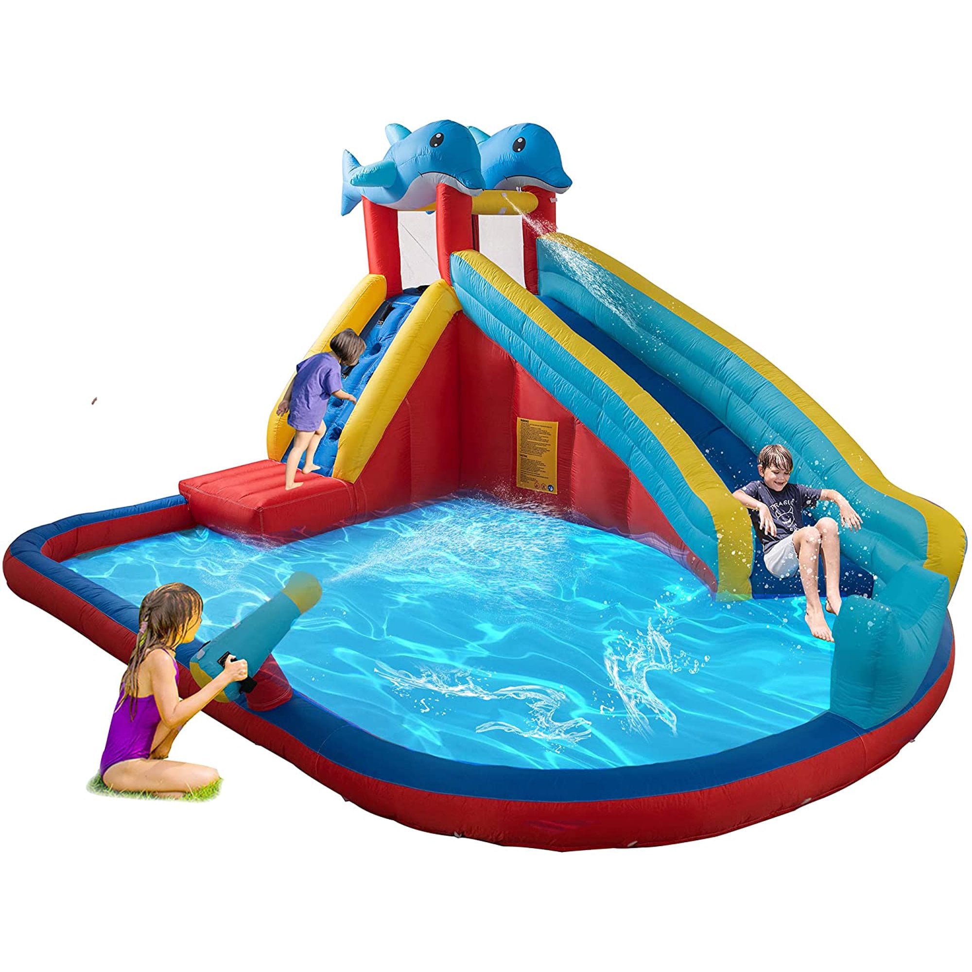 Inflatable Water Slide Park Bounce House for Kids， Climbing Wall and Splash Pool and Water Gun， Outdoor Backyard Waterslide for Girl and Boy (with 450W Air Blower)