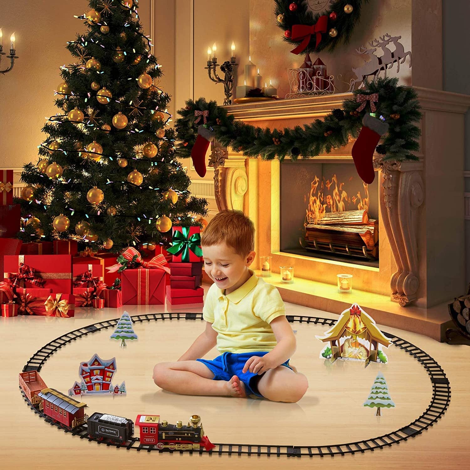 Hot Bee Train Set - Electric Train Toy for Boys Girls with Smokes， Lights and Sound Christmas Gifts for 3 4 5 6 7 8+ year old Kids