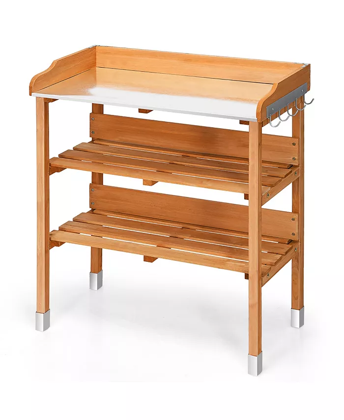 Costway Garden Wooden Potting Bench Work Station Table Tool Storage Shelf W Hook