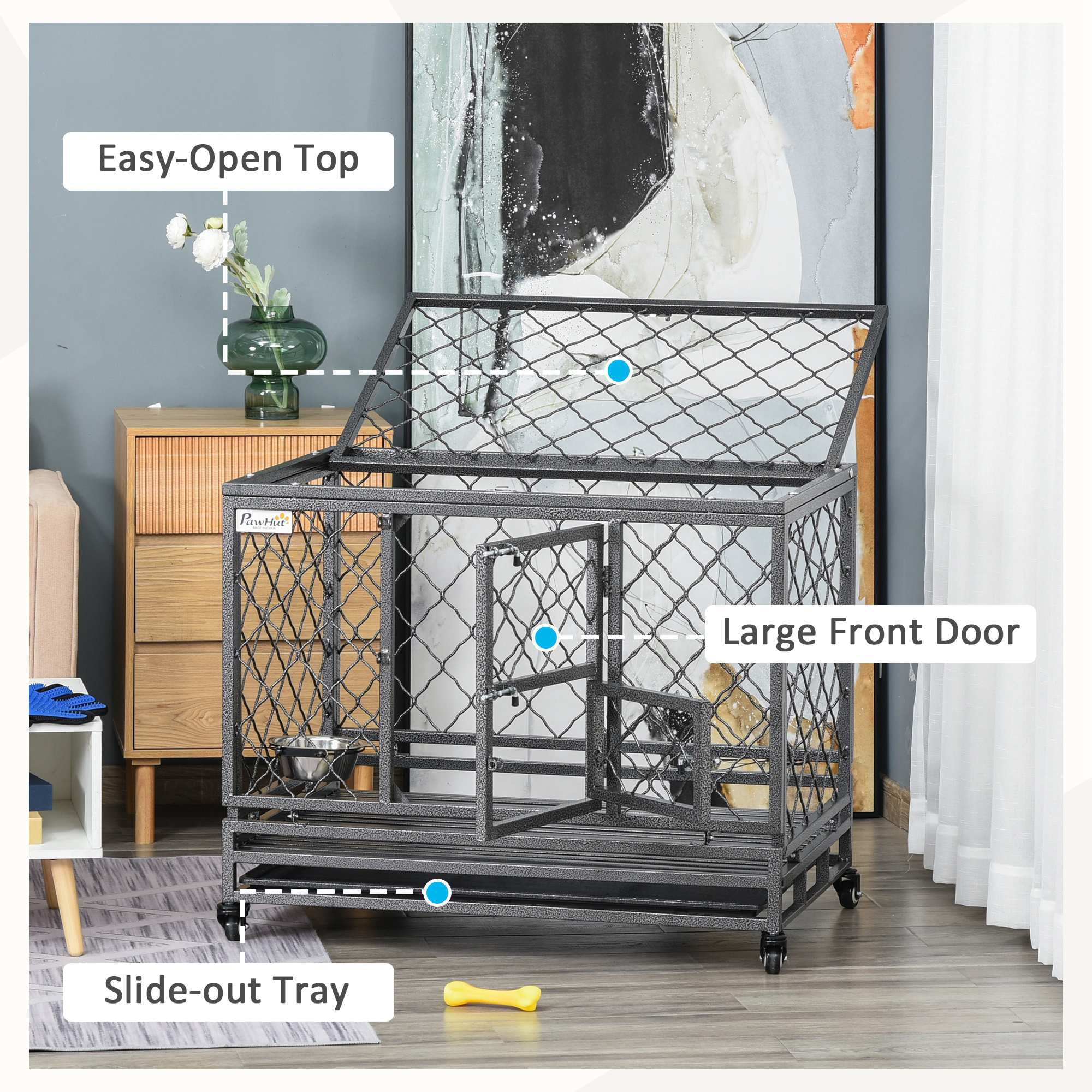 Pawhut Heavy Duty Crate Cage Kennel with Removable Tray Wheels and Lockable Door for Medium Dogs Indoor and Outdoor， 36.5